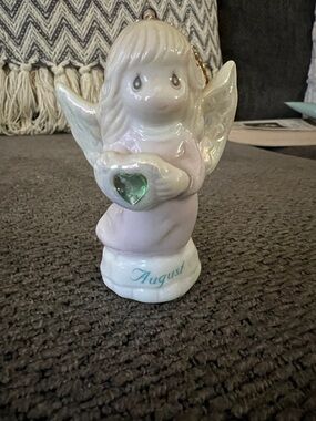 Precious Moments August Angel Figurine in Pink with Green Heart
